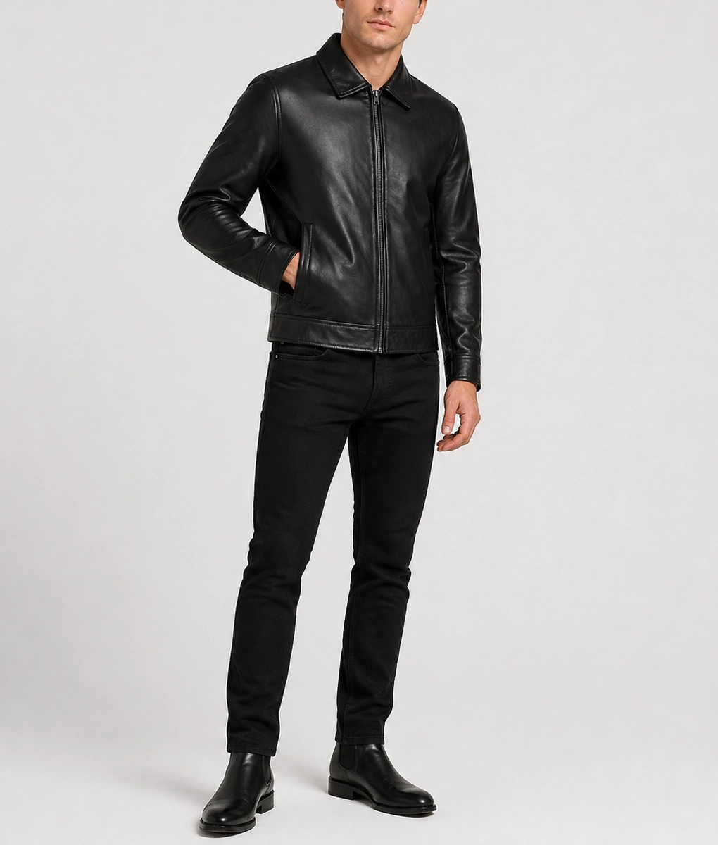 Bravo Men's Classic Black Harrington Leather Jacket-Front