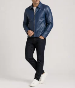 Bravo Men's Classic Blue Harrington Leather Jacket-Side