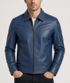 Bravo Men's Classic Blue Harrington Leather Jacket-Front