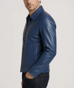 Bravo Men's Classic Blue Harrington Leather Jacket-Side