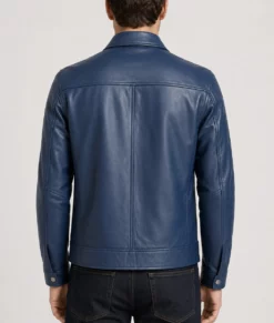 Bravo Men's Classic Blue Harrington Leather Jacket-Back