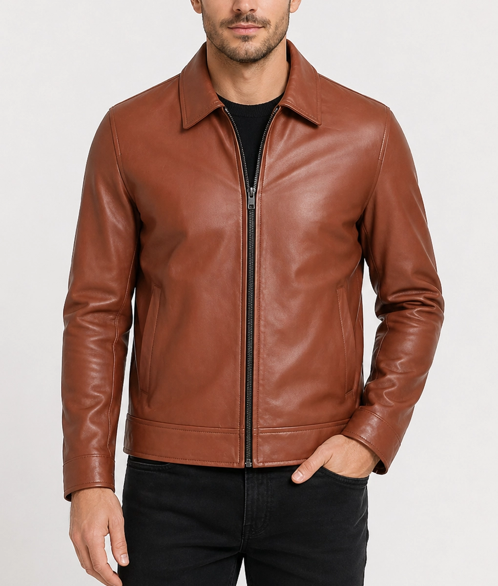 Bravo Men's Classic Tan Harrington Leather Jacket-Front