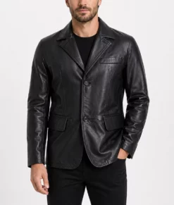 Carter Men&rsquo;s Classic Black Leather Car Coat-Front