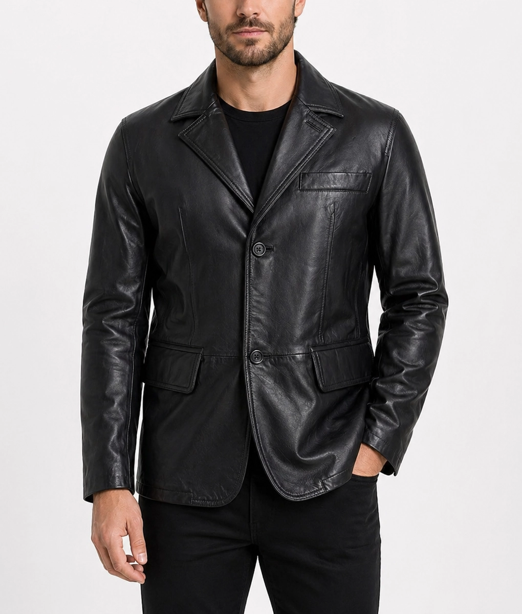 Carter Men's Classic Black Leather Car Coat | Men's Black Two