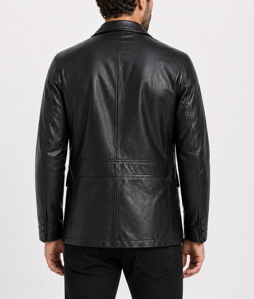 Carter Men's Classic Black Leather Car Coat | Men's Black Two