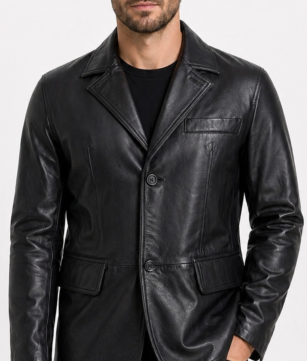 Carter Men's Classic Black Leather Car Coat | Men's Black Two