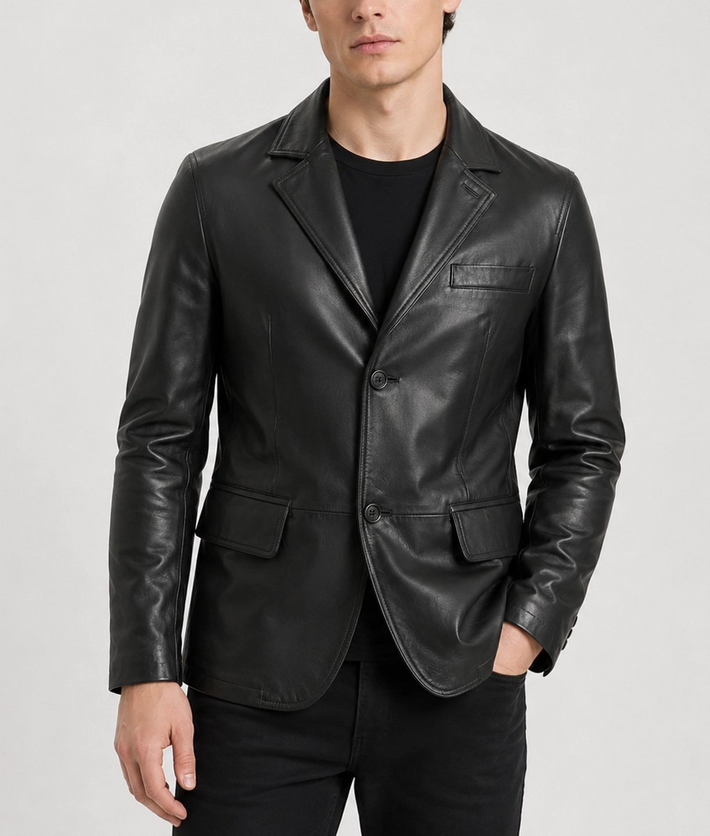 mens leather dress coats Mens Two Button Black Lambskin Leather Blazer