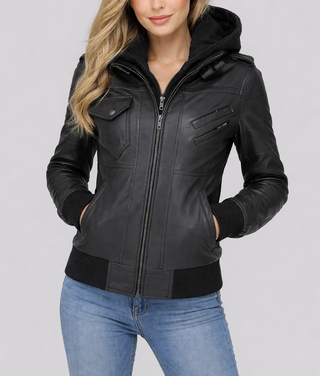 Christina Women&rsquo;s Black Leather Bomber Jacket with Removable Hoodie-Front