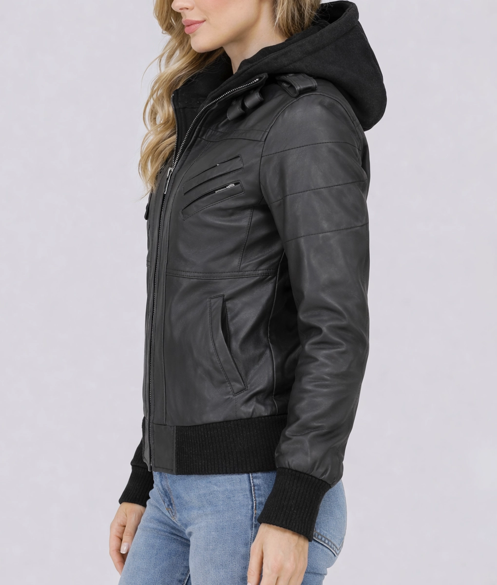 Christina Women’s Black Leather Bomber Jacket with Removable Hoodie-Side