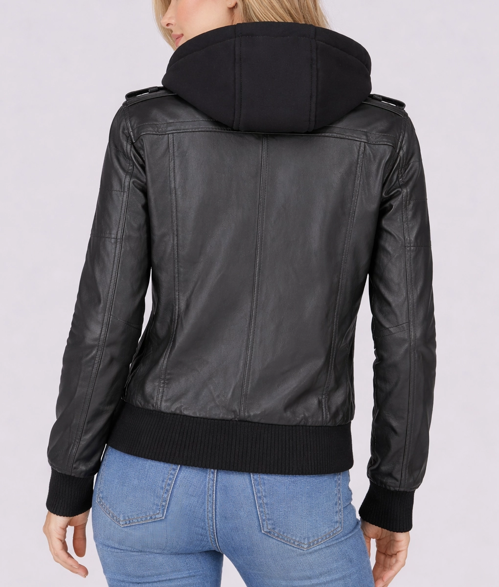 Christina Women’s Black Leather Bomber Jacket with Removable Hoodie-Back