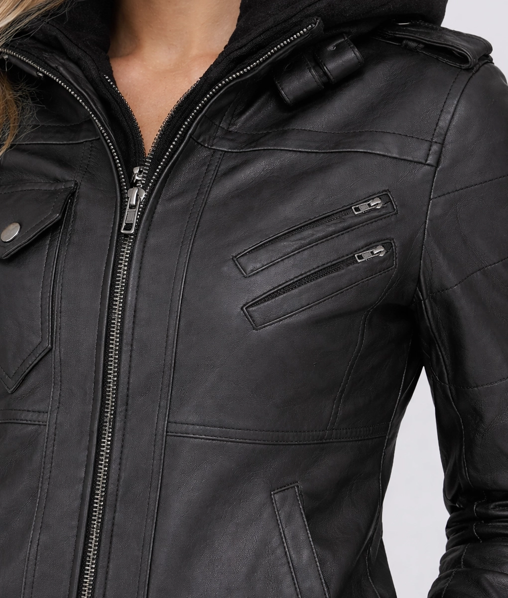 Christina Women’s Black Leather Bomber Jacket with Removable Hoodie-Zoom