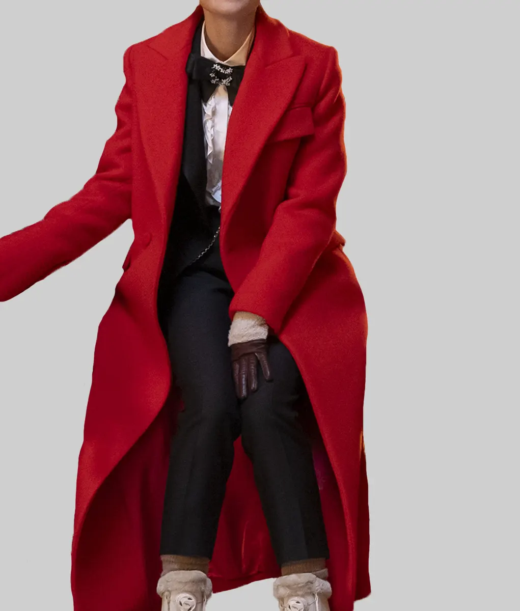 Emily In Paris Lily Collins Red Wool Trench Coat - Emily In Paris Lily Collins (Emily Cooper) Red Wool Trench Coat-Front View