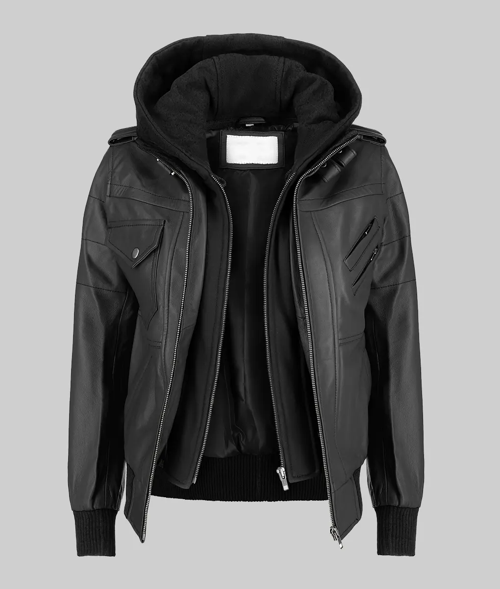 Fred Men's Black Hooded Biker Leather Jacket-Generic