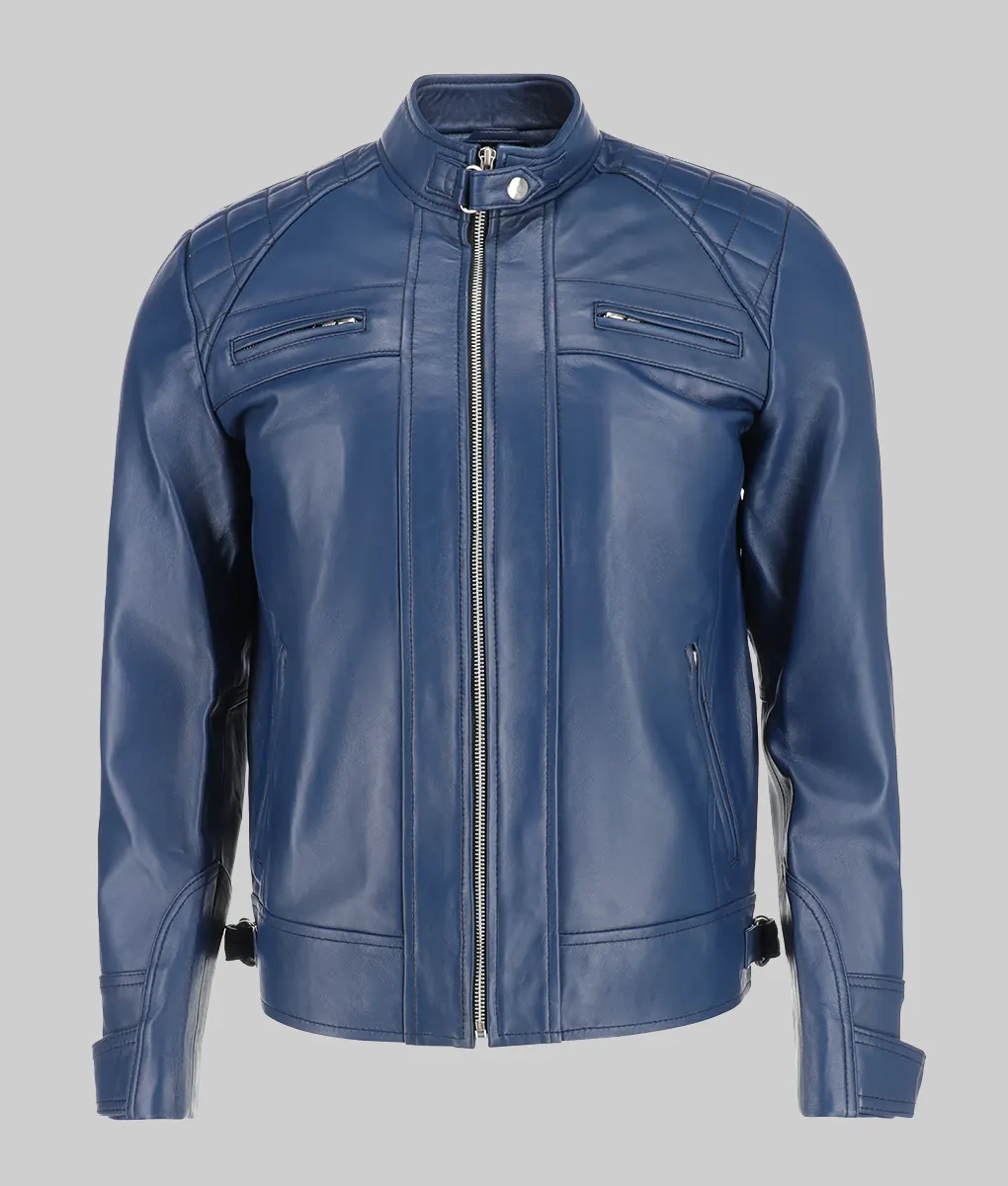 Greg Men's Blue Quilted Biker Leather Jacket-Generic