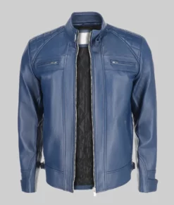 Greg Men's Blue Quilted Biker Leather Jacket-Generic