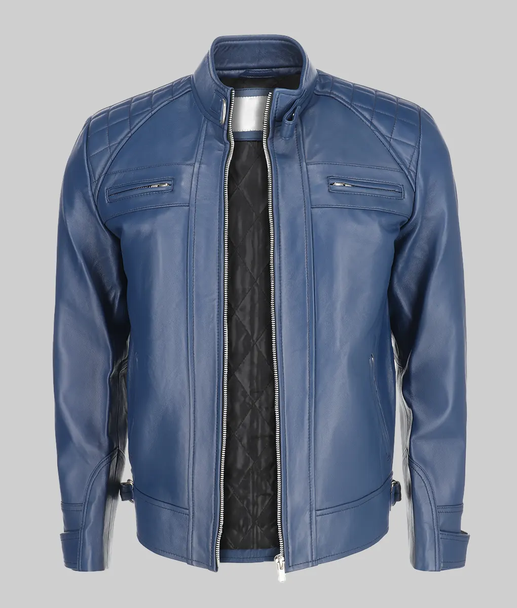 James Men's Blue Quilted Leather Moto Cafe Racer Jacket Men's