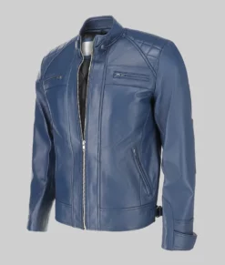 Greg Men's Blue Quilted Biker Leather Jacket-Generic