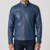 James Men&rsquo;s Blue Quilted Leather Moto Cafe Racer Jacket-Front