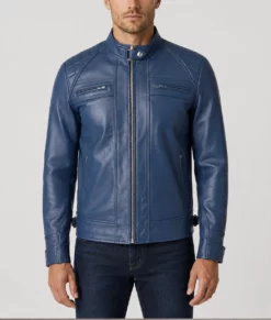 James Men&rsquo;s Blue Quilted Leather Moto Cafe Racer Jacket-Front
