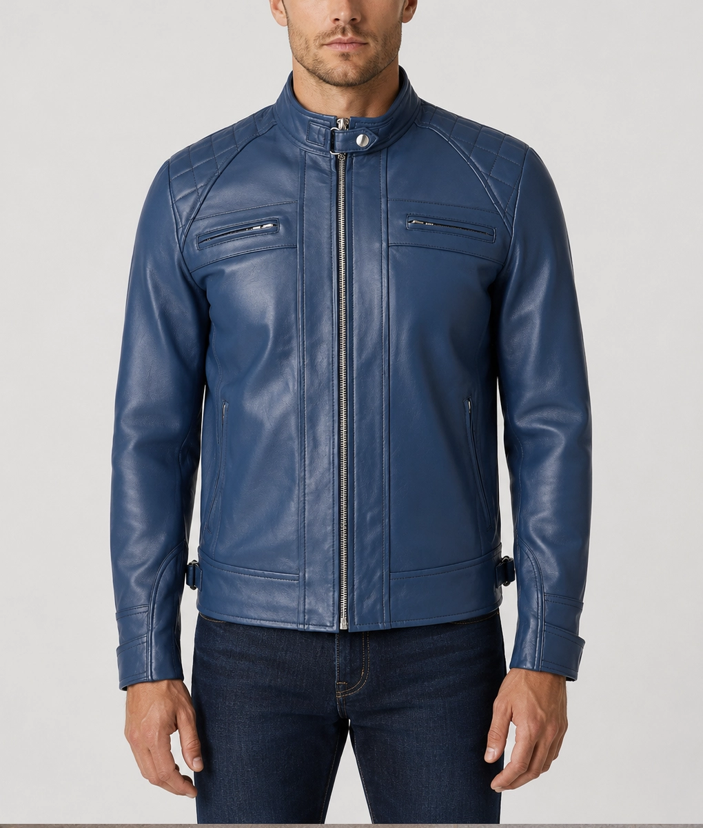 James Men&rsquo;s Blue Quilted Leather Moto Cafe Racer Jacket-Front