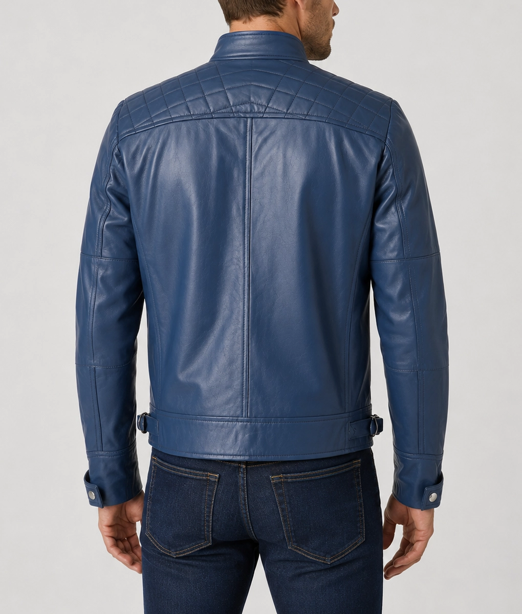 James Men’s Blue Quilted Leather Moto Cafe Racer Jacket-Back