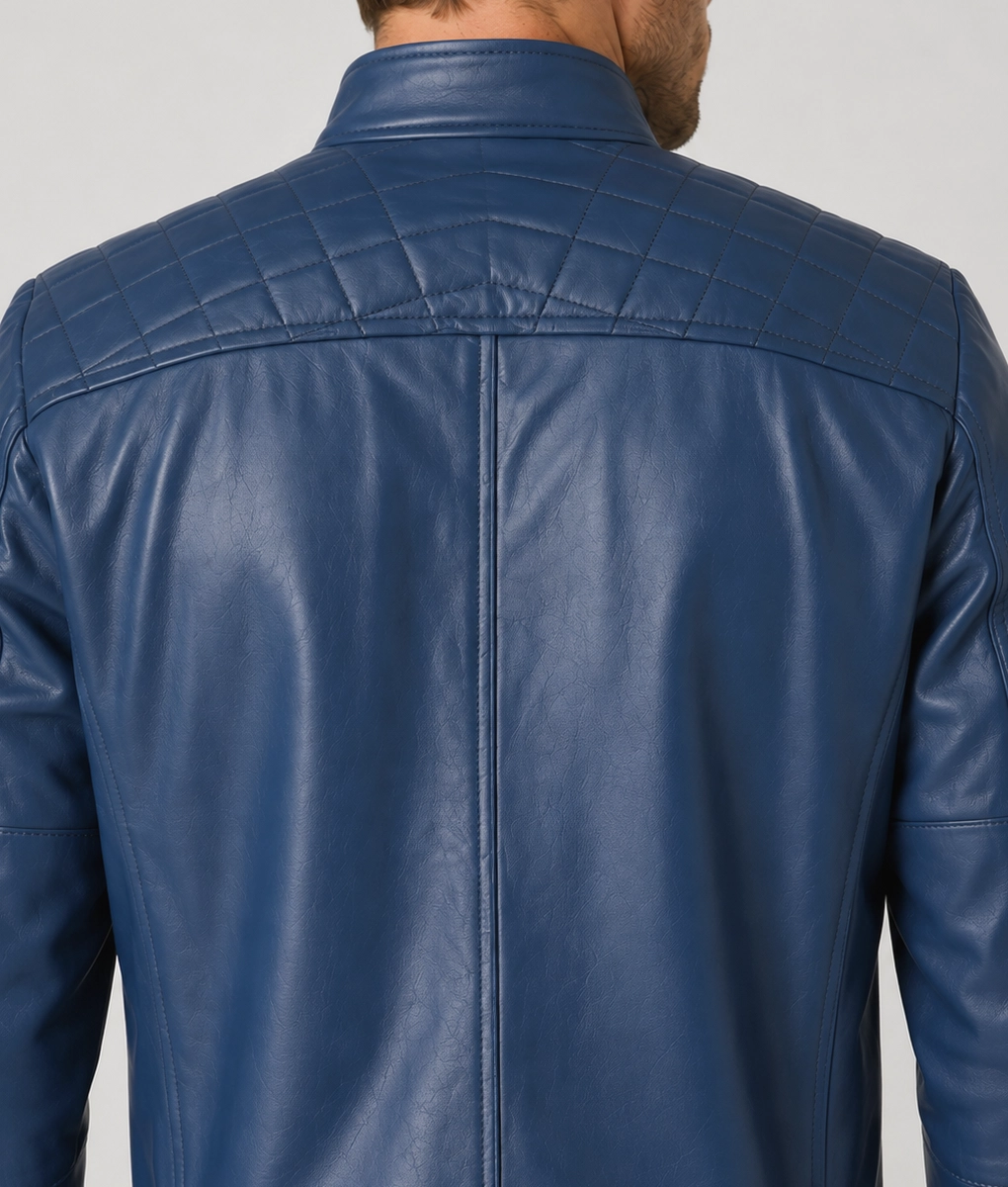 James Men’s Blue Quilted Leather Moto Cafe Racer Jacket-Zoom