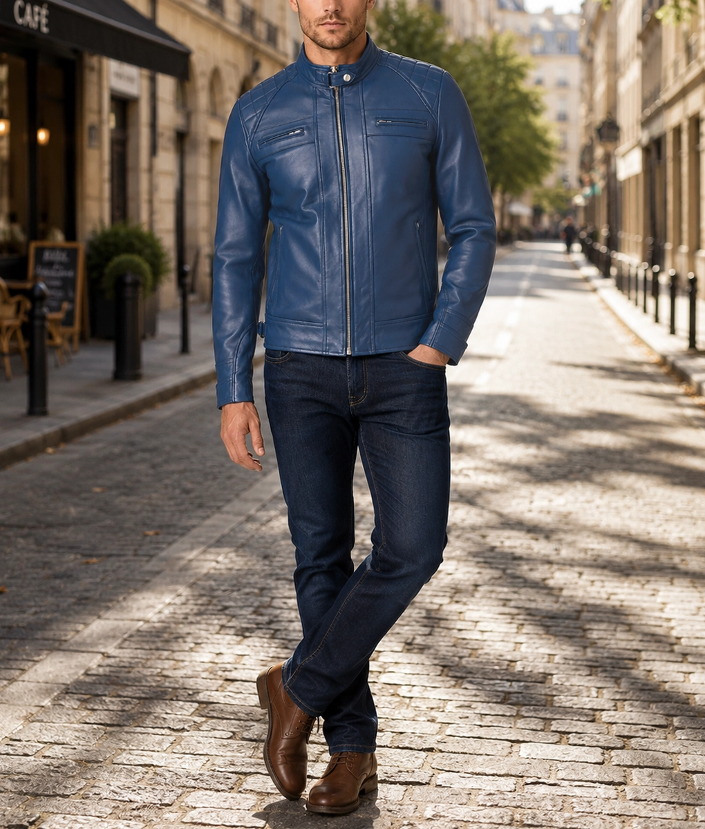 James Men’s Blue Quilted Leather Moto Cafe Racer Jacket-Front