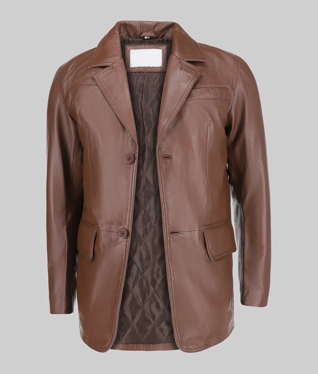 Carter Men's Classic Brown Leather Car Coat Men's Brown Two