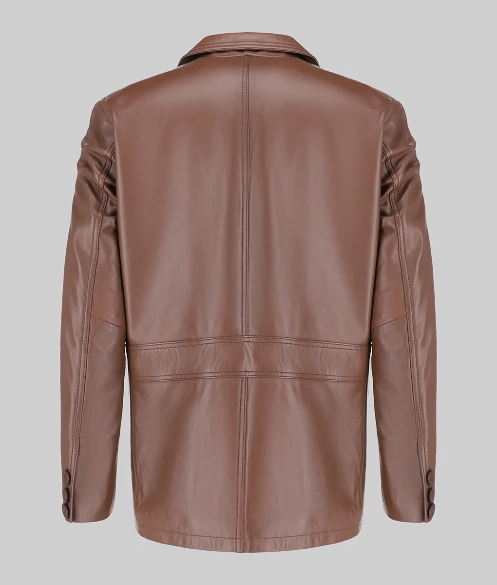 Carter Men's Classic Brown Leather Car Coat Men's Brown Two