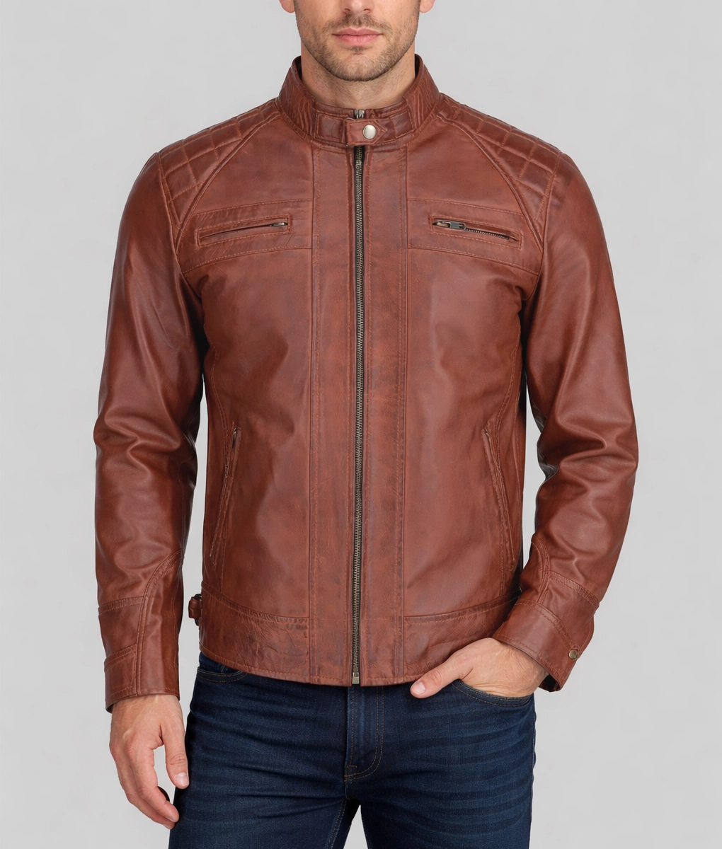 James Men&rsquo;s Tan Quilted Leather Moto Cafe Racer Jacket | Men&rsquo;s Quilted Leather Moto Cafe Racer Jacke-2