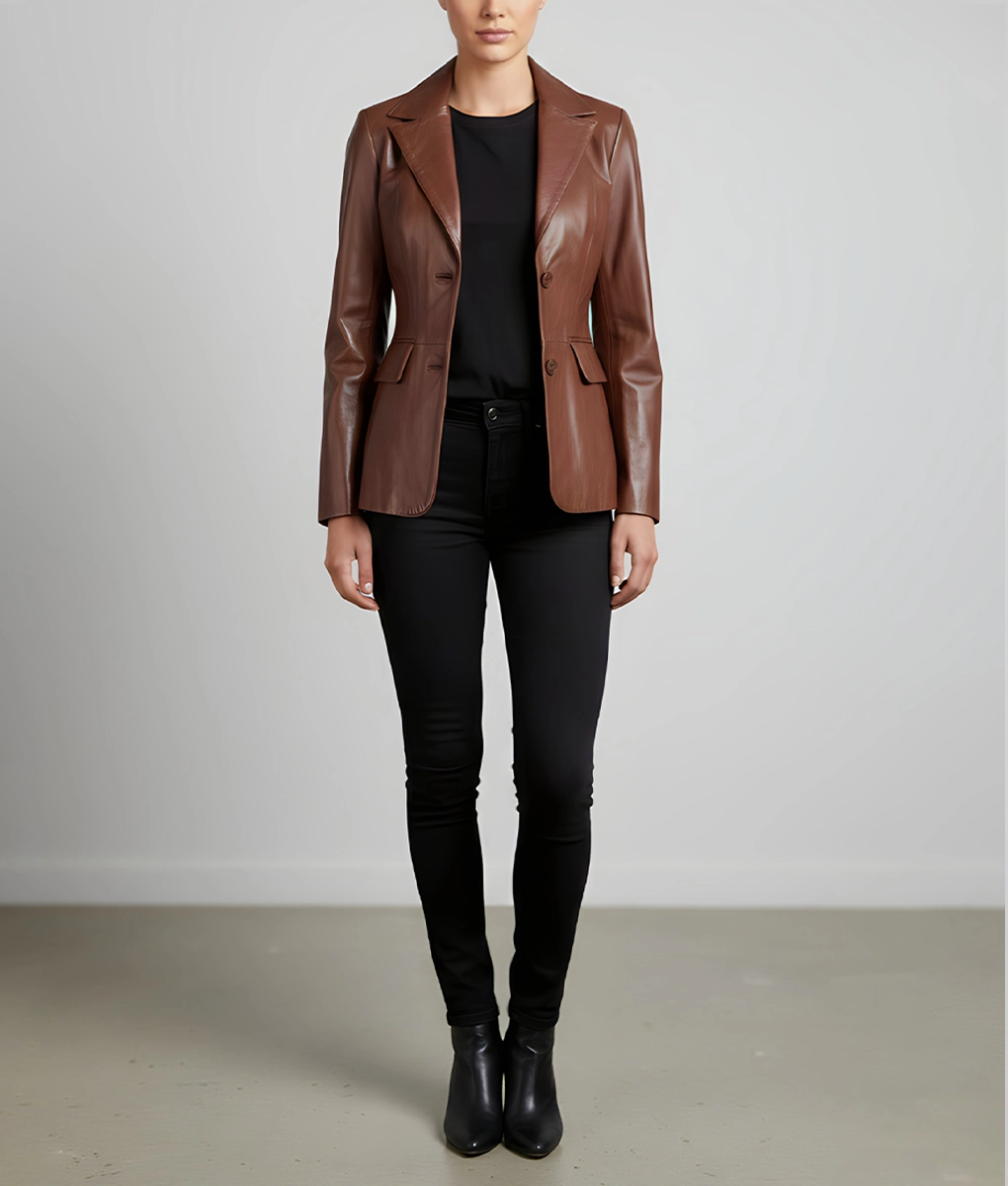 Jenna Women’s Brown Leather Blazer Jacket | Women’s Brown Leather Blazer -2