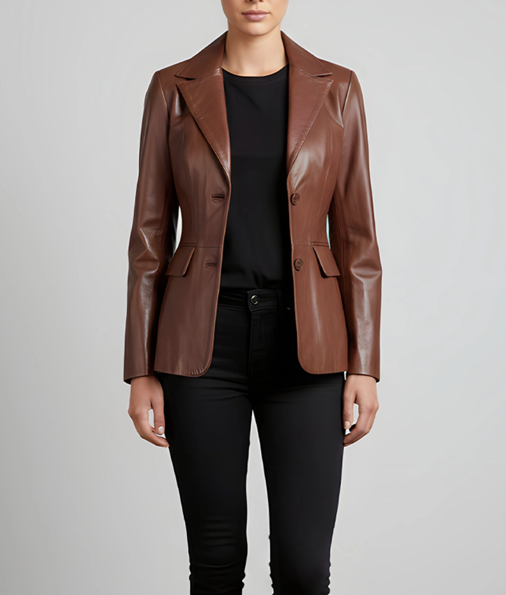 Jenna Women&rsquo;s Brown Leather Blazer Jacket | Women&rsquo;s Brown Leather Blazer -3