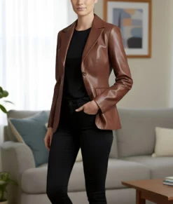 Jenna Women’s Brown Leather Blazer Jacket | Women’s Brown Leather Blazer -8