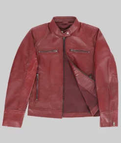 Jenna Women's Maroon Biker Leather Jacket-Front View