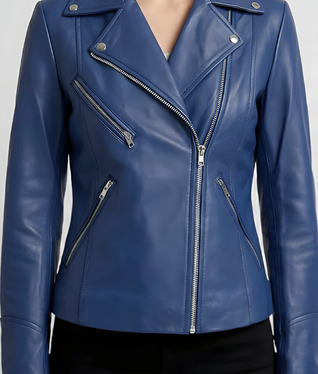 Jill Women's Blue Double Rider Leather Jacket | Women's Blue Double Rider Leather Jacket-3