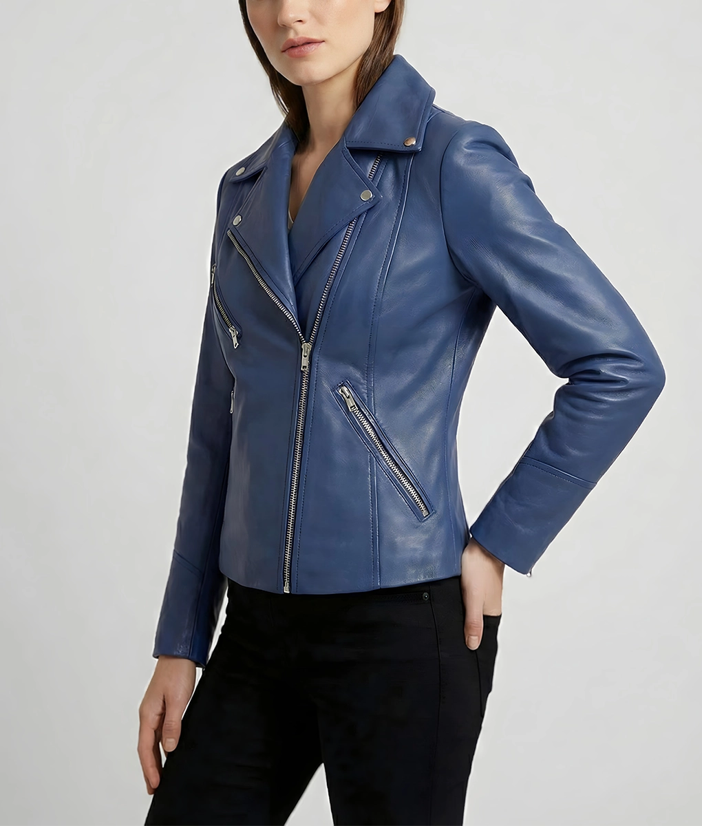 Jill Women's Blue Double Rider Leather Jacket | Women's Blue Double Rider Leather Jacket-4