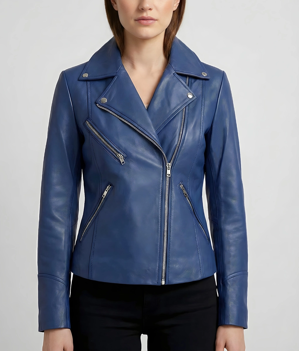 Laura Women's Blue Biker Leather Jacket | NYC Jackets, image size:1020x1200
