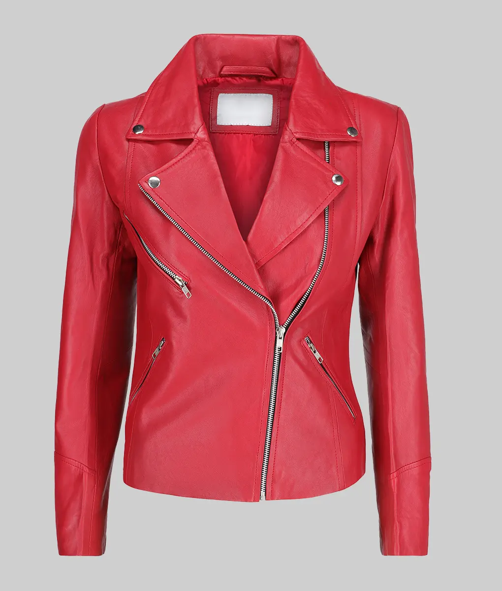 Laura Women's Red Biker Leather Jacket-Generic