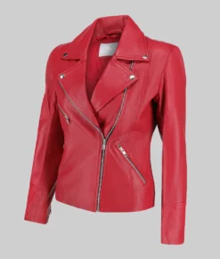 Jill Women's Red Moto Asymmetrical Double Rider Leather Jacket