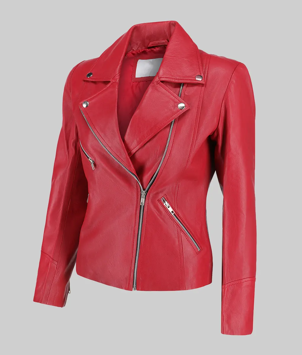 Jill Women's Red Moto Asymmetrical Double Rider Leather Jacket