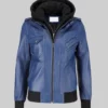Linda Women's Blue Hooded Biker Leather Jacket-Generic