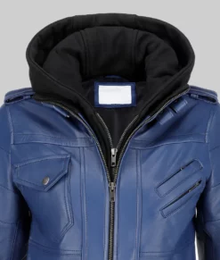 Linda Women's Blue Hooded Biker Leather Jacket-Generic