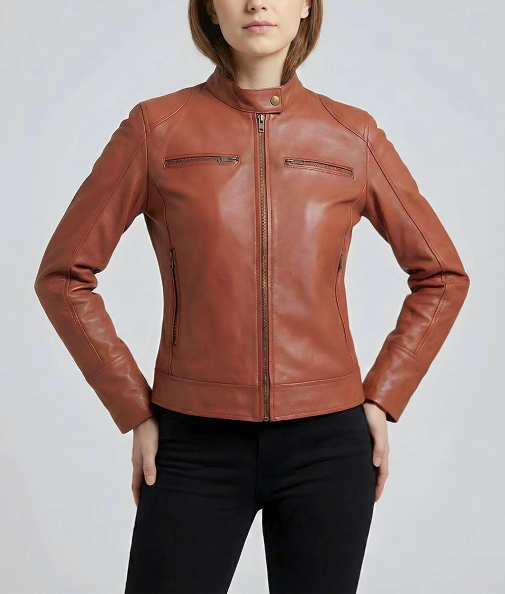 Linda Women&rsquo;s Brown Moto Leather Cafe Racer Jacket | Women&rsquo;s Brown Leather Cafe Racer Jacket-6