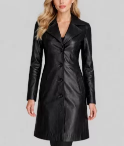 Roma Women's Black Leather Trench Coat-Front
