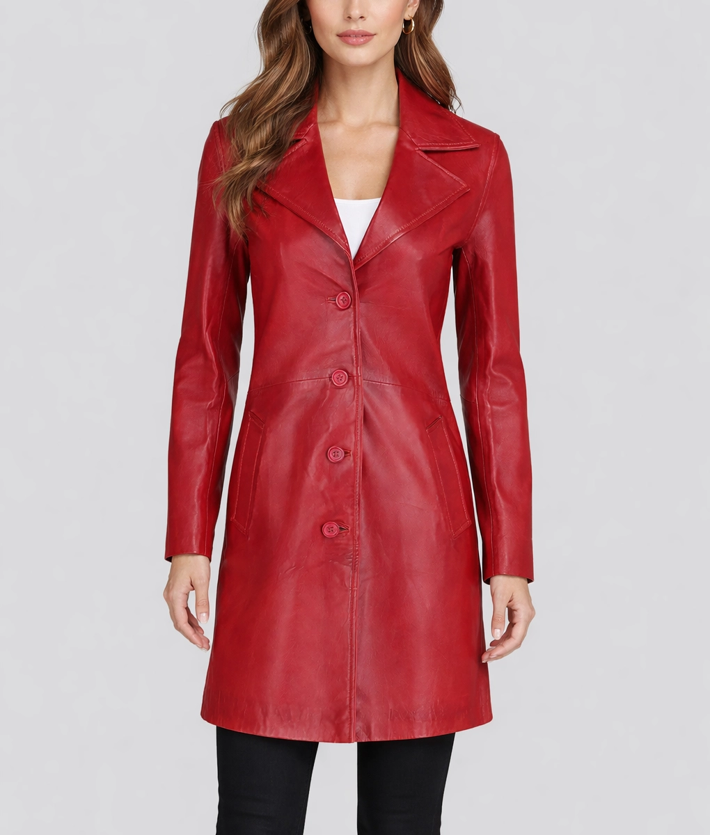 Roma Women's Red Trench Leather Coat-Front