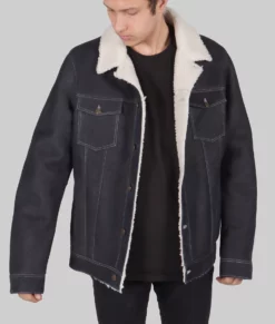 Archie Mens Blue Shearling Leather Trucker Jacket - Mens Blue Shearling Trucker Jacket-2