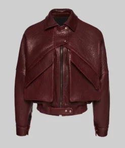 Barbara Palvin Burgundy Leather Bomber Jacket-Generic