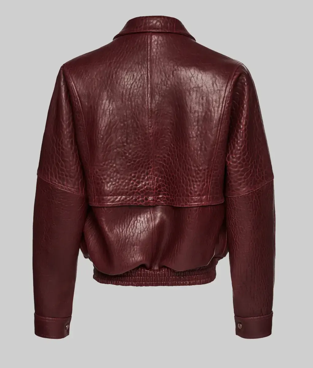 Barbara Palvin Dark Maroon Leather Bomber Jacket | NYC Jackets