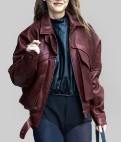 Barbara Palvin Dark Maroon Leather Bomber Jacket | NYC Jackets