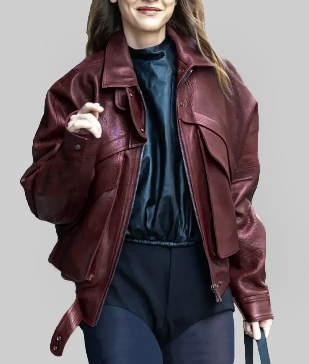 Barbara Palvin Dark Maroon Leather Bomber Jacket | NYC Jackets
